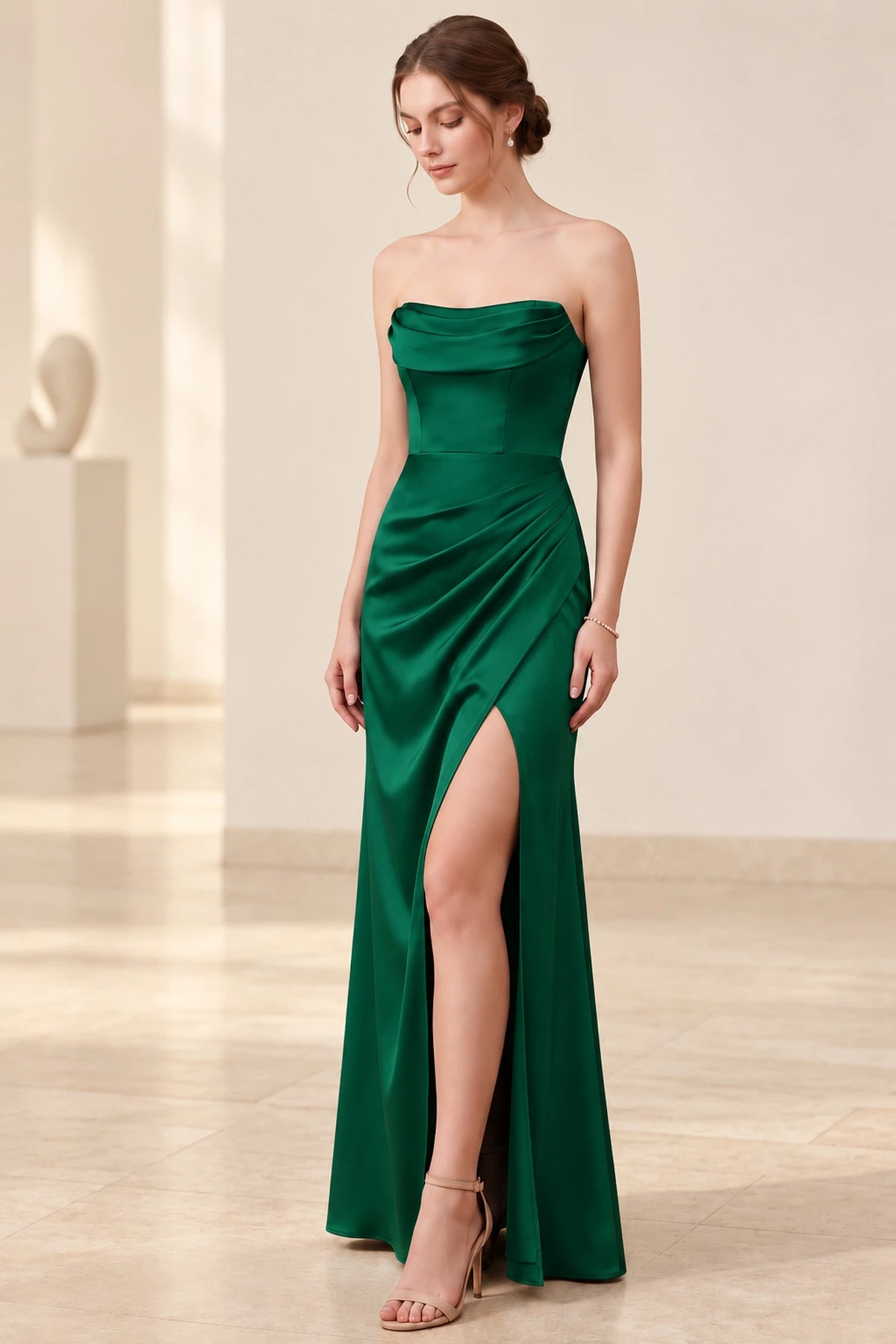 Romantic Satin Look Sheath Strapless Cowl Neck Slit Long Bridesmaid Dress