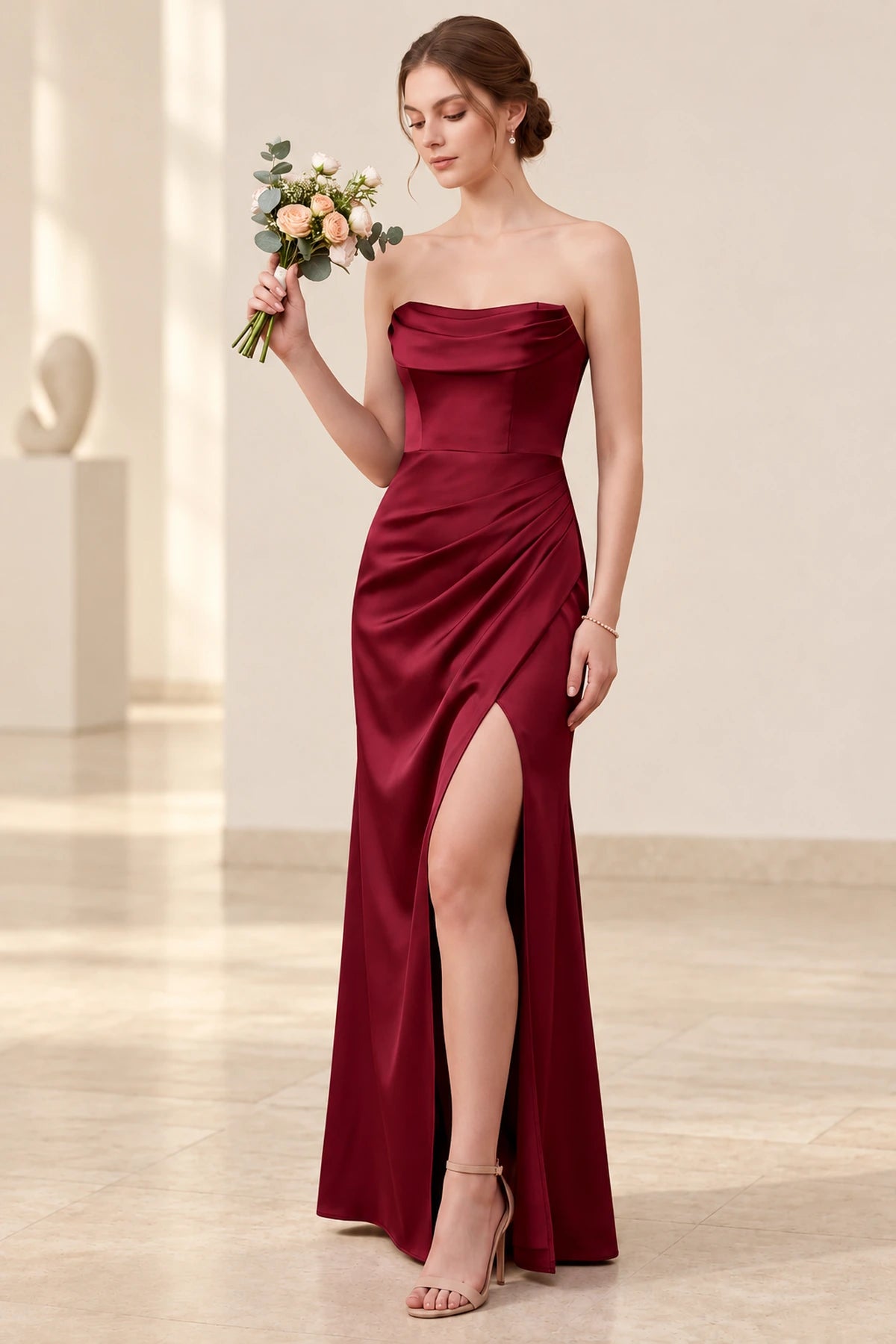 Romantic Satin Look Sheath Strapless Cowl Neck Slit Long Bridesmaid Dress