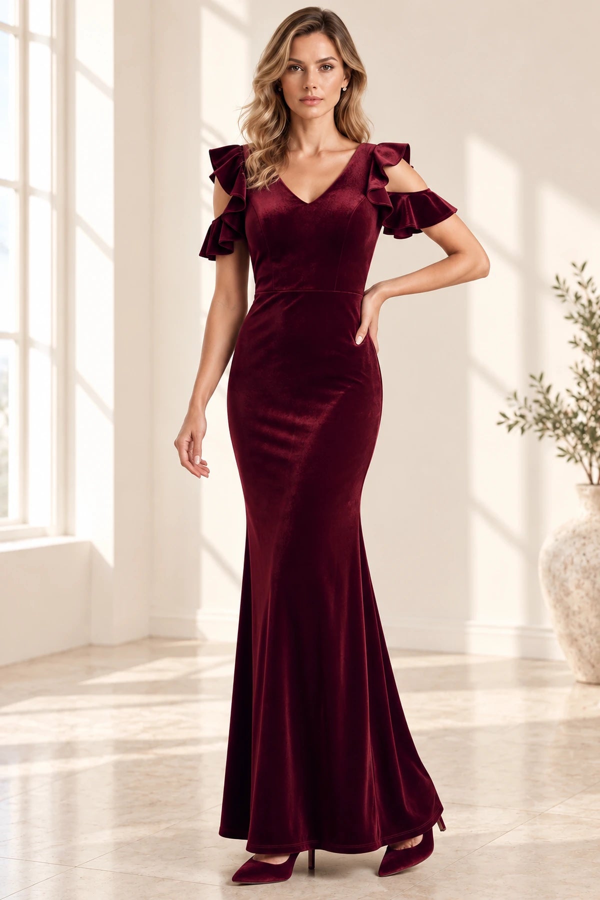 Refined Velvet Look Mermaid V Neck Cold Shoulder Long Prom Dress