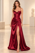 Striking Satin Look Sheath Sweetheart Cowl Neck Spaghetti Strap Prom Dress