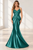 Elegant Satin Mermaid V-Neck Spaghetti Strap Lace-Up Back Prom Dress