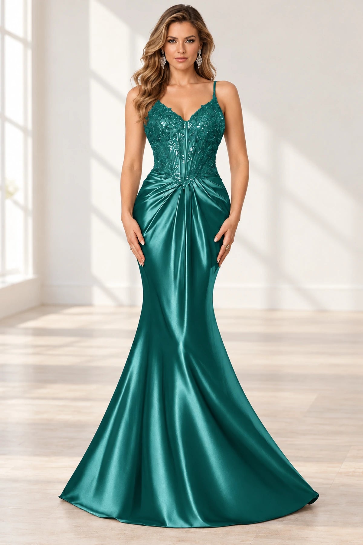 Elegant Satin Mermaid V-Neck Spaghetti Strap Lace-Up Back Prom Dress