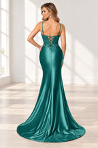 Elegant Satin Mermaid V-Neck Spaghetti Strap Lace-Up Back Prom Dress