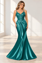 Elegant Satin Mermaid V-Neck Spaghetti Strap Lace-Up Back Prom Dress