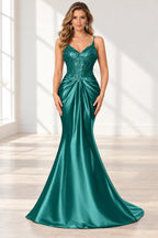 Elegant Satin Mermaid V-Neck Spaghetti Strap Lace-Up Back Prom Dress
