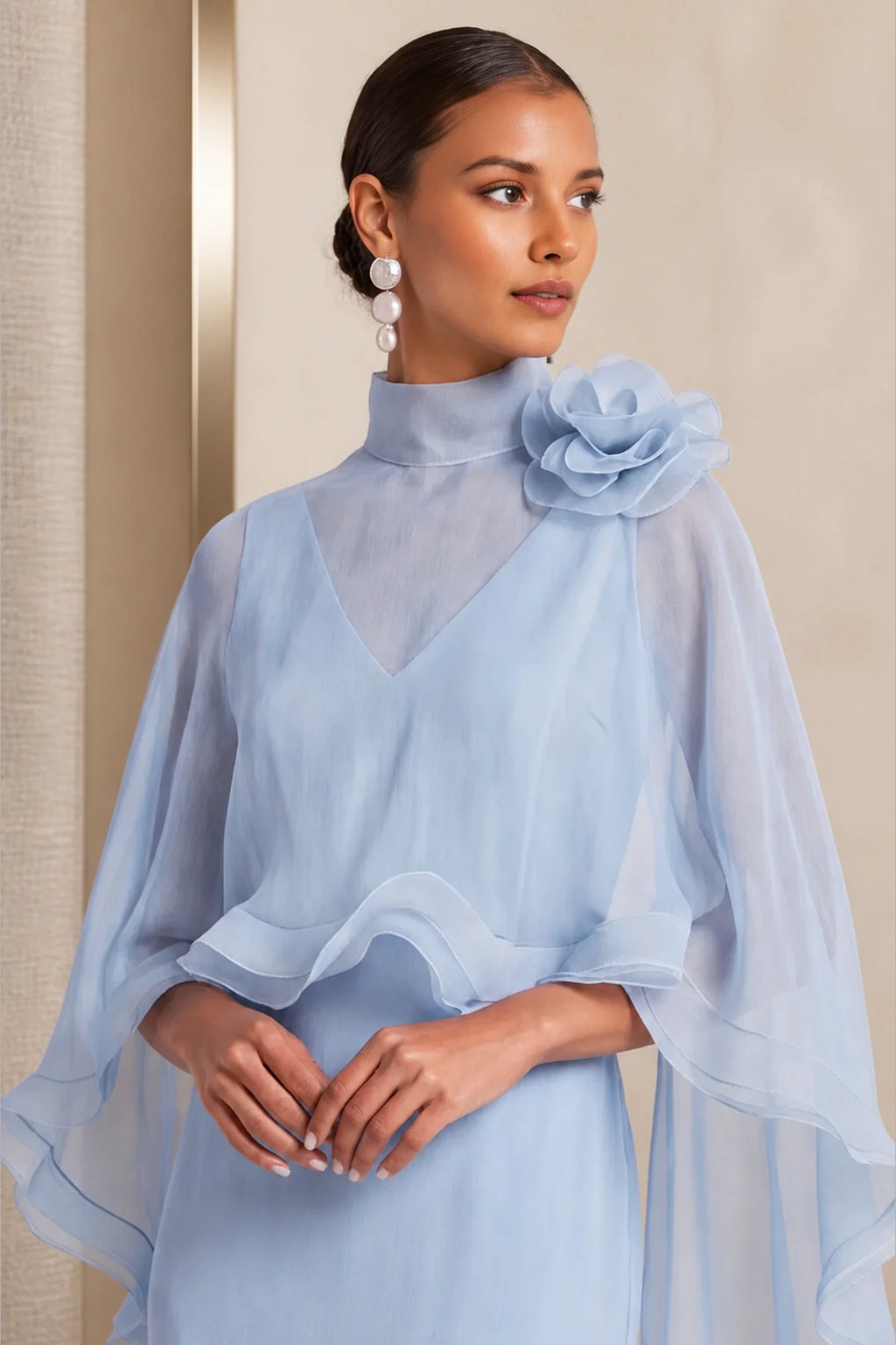 Dusty Pink Organza Cape Flower Sheath Mother of Bride Dress