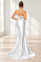 Elegant Satin Mermaid V-Neck Spaghetti Strap Lace-Up Back Prom Dress