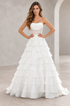 Dreamy A Line Strapless Straight Neck Lace Up Long Prom Dress