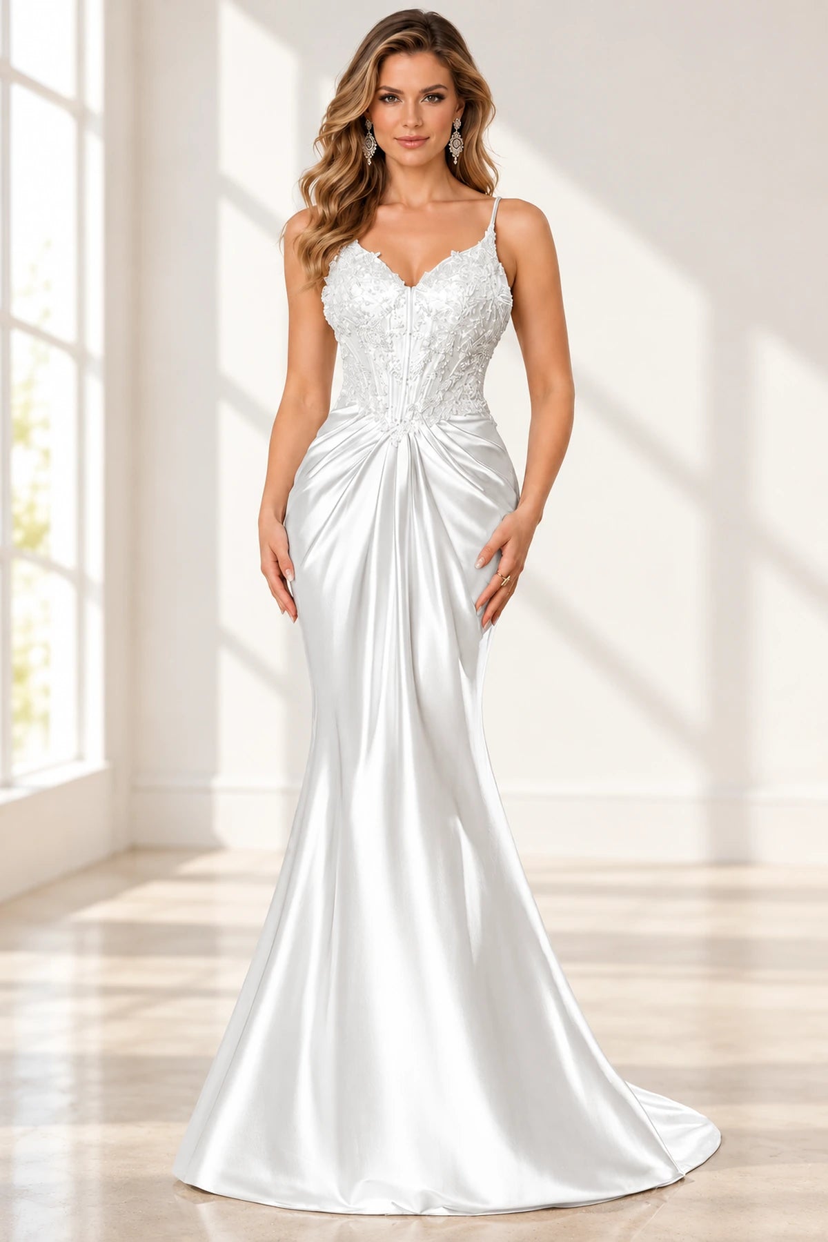 Elegant Satin Mermaid V-Neck Spaghetti Strap Lace-Up Back Prom Dress