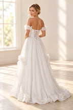 Romantic A Line Off Shoulder Lace Up Floor Length Prom Dress