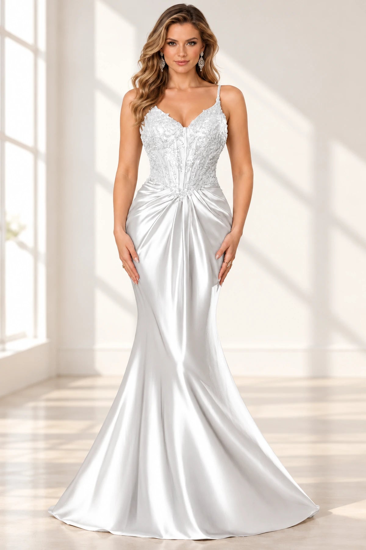 Elegant Satin Mermaid V-Neck Spaghetti Strap Lace-Up Back Prom Dress