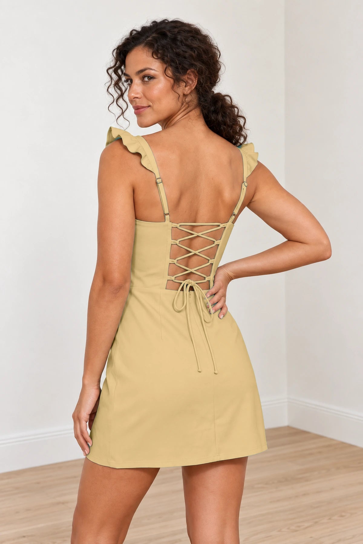 Charming Sheath Sweetheart Ruffle Strap Lace-Up Back Mini Homecoming Dress