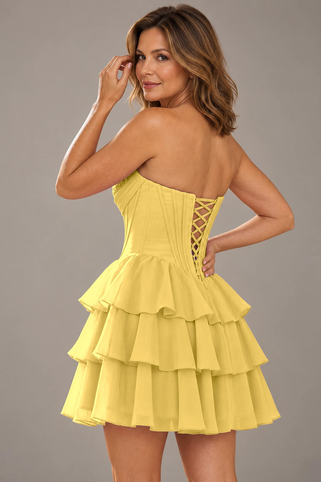 Romantic Fit and Flare Sweetheart Strapless Lace-Up Back Mini Homecoming Dress