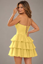 Romantic Fit and Flare Sweetheart Strapless Lace-Up Back Mini Homecoming Dress