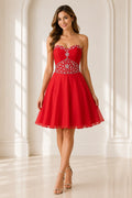 Red short homecoming Dress with beaded sweetheart bodice and A line skirt front view