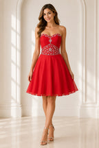 Red short homecoming Dress with beaded sweetheart bodice and A line skirt front view