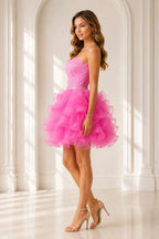 Pink Short Homecoming Dress with Lace Bodice and Ruffled Organza Skirt