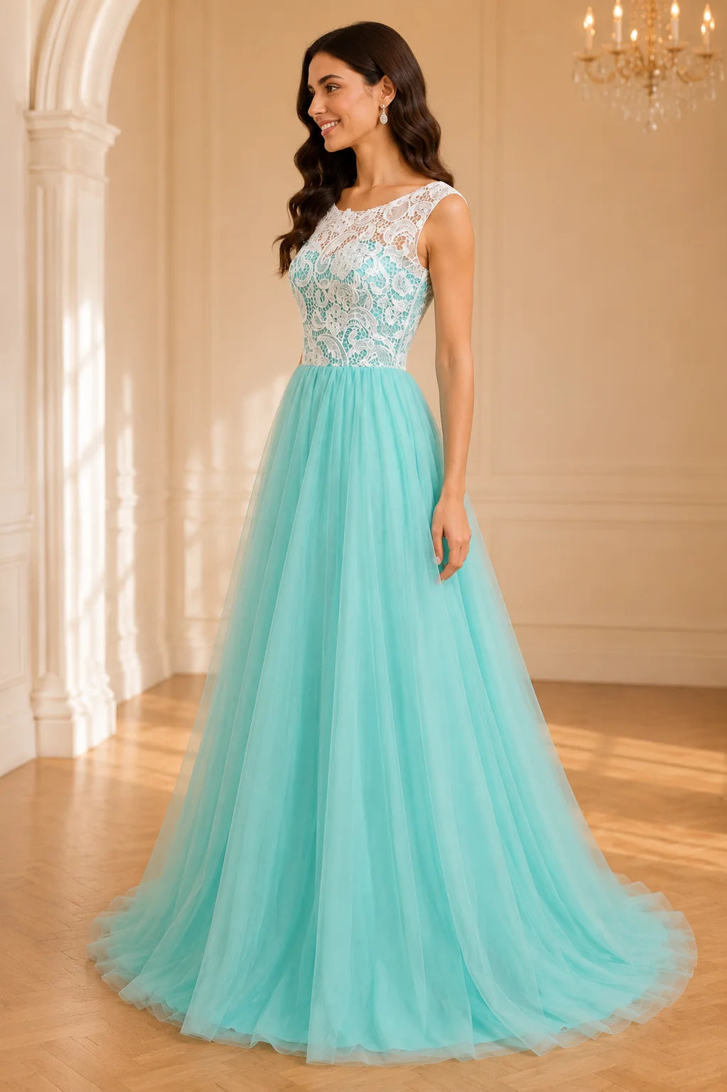 Mint Green Tulle Lace Boat Neck Long A Line Prom Dress