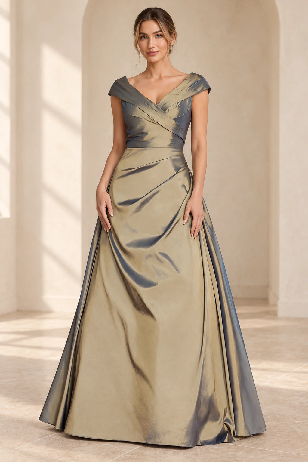 Antique gold off-shoulder A-line Mother of the Bride Dress with pleated bodice
