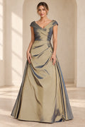 Antique gold off-shoulder A-line Mother of the Bride Dress with pleated bodice
