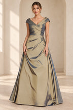Antique gold off-shoulder A-line Mother of the Bride Dress with pleated bodice