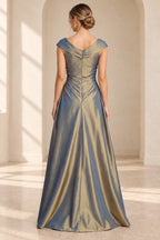 Antique gold floor-length Mother of the Bride Dress with off-shoulder back and zipper
