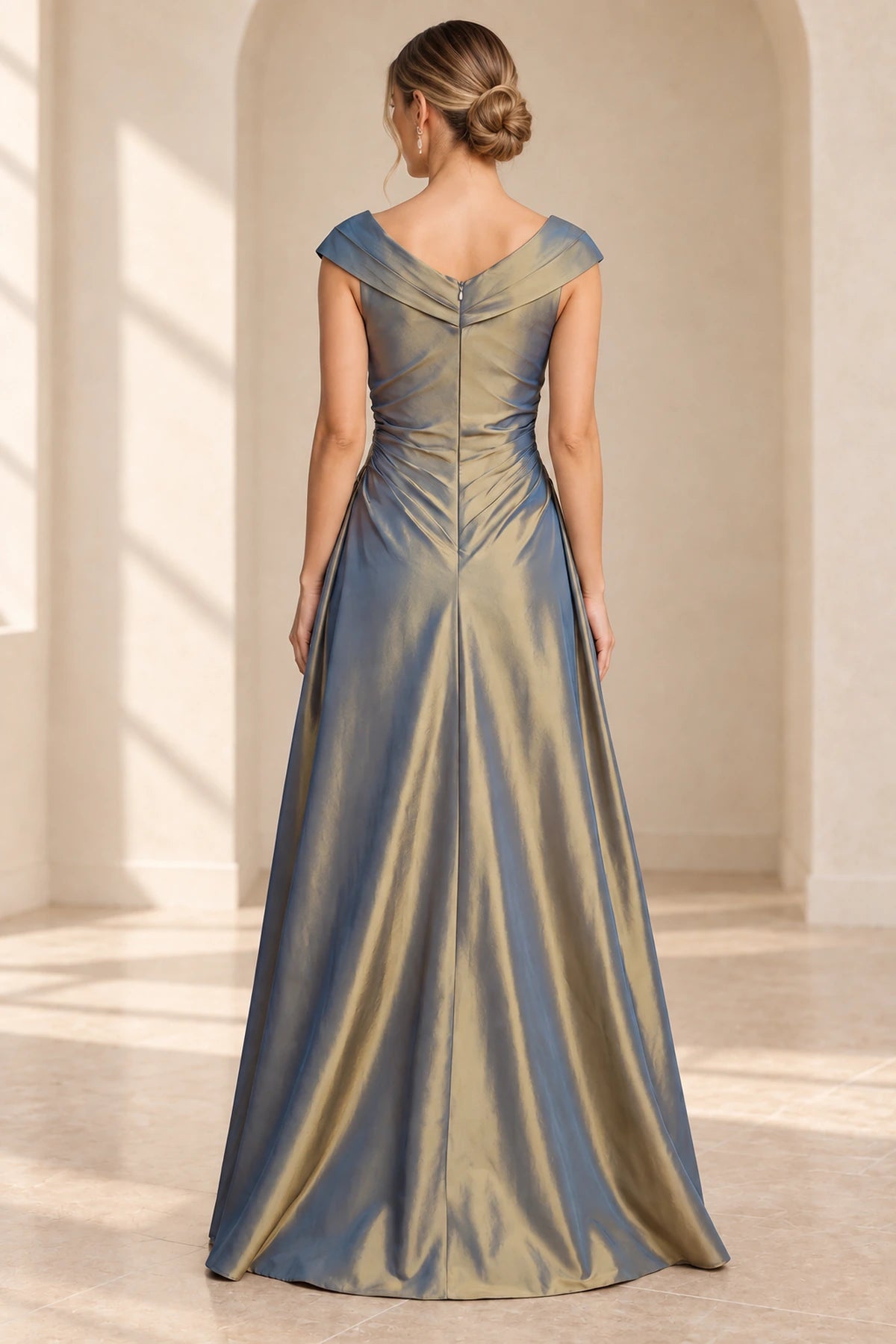 Antique gold floor-length Mother of the Bride Dress with off-shoulder back and zipper