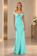Aqua blue satin sheath prom dress featuring a sweetheart neckline, ruched bust, off-the-shoulder sleeves, and elegant floor-length skirt by Graceprom.