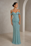 GraceProm aqua blue sparkle evening dress with sweetheart neckline cold shoulder straps and mermaid silhouette
