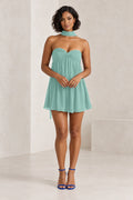 Aqua chiffon A-line sweetheart mini homecoming dress with scarf neck detail by Graceprom