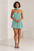 Aqua chiffon A-line sweetheart mini homecoming dress with scarf neck detail by Graceprom