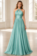 GraceProm aqua A-line halter neck floor length wedding guest dress with pleated bodice