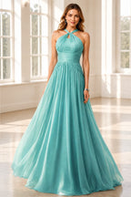 Graceful A-Line Halter Neck Sleeveless Zip Back Long Wedding Guest Dress