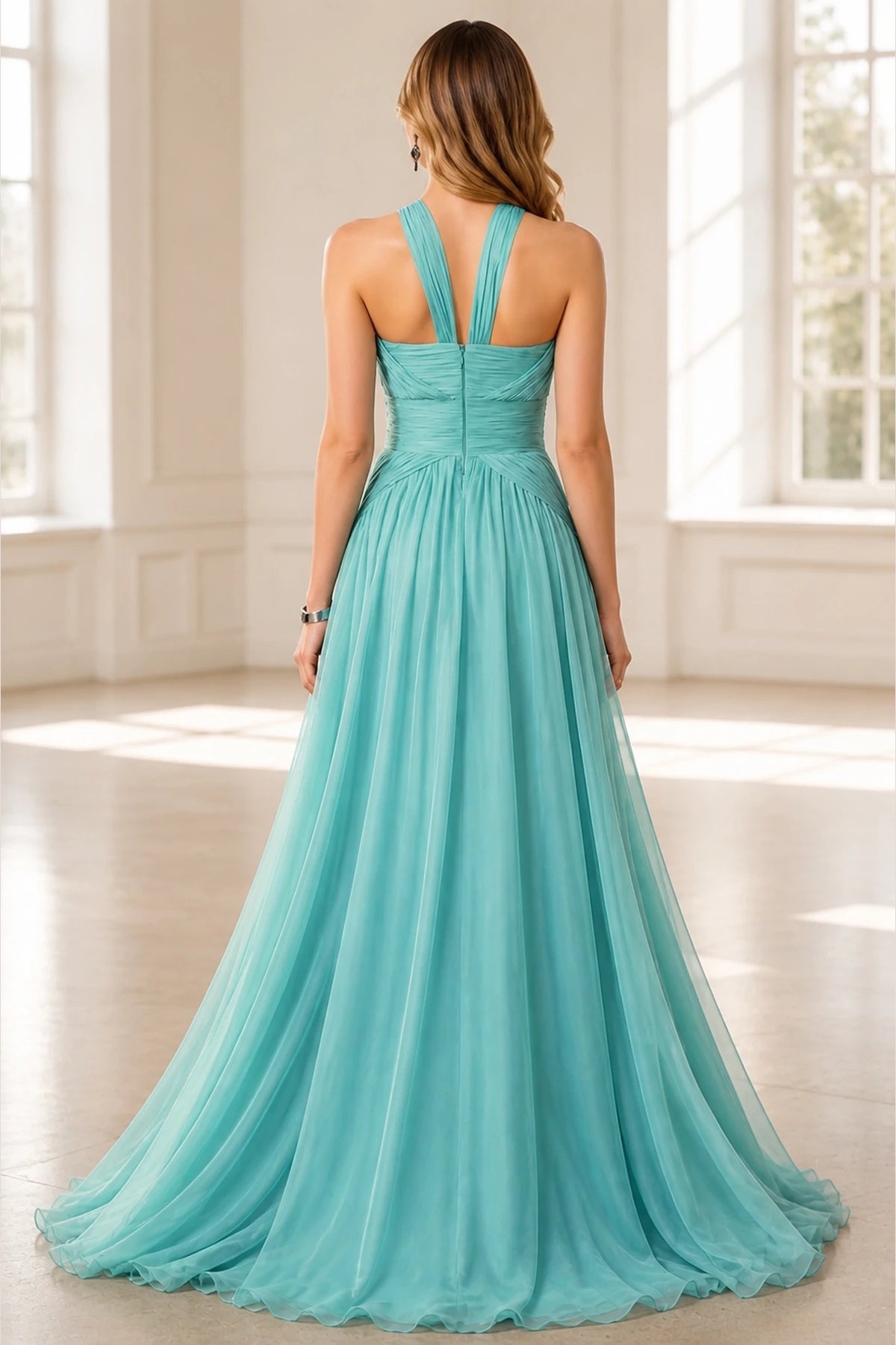 Back view of GraceProm aqua halter wedding guest dress with ruched waist and zipper closure