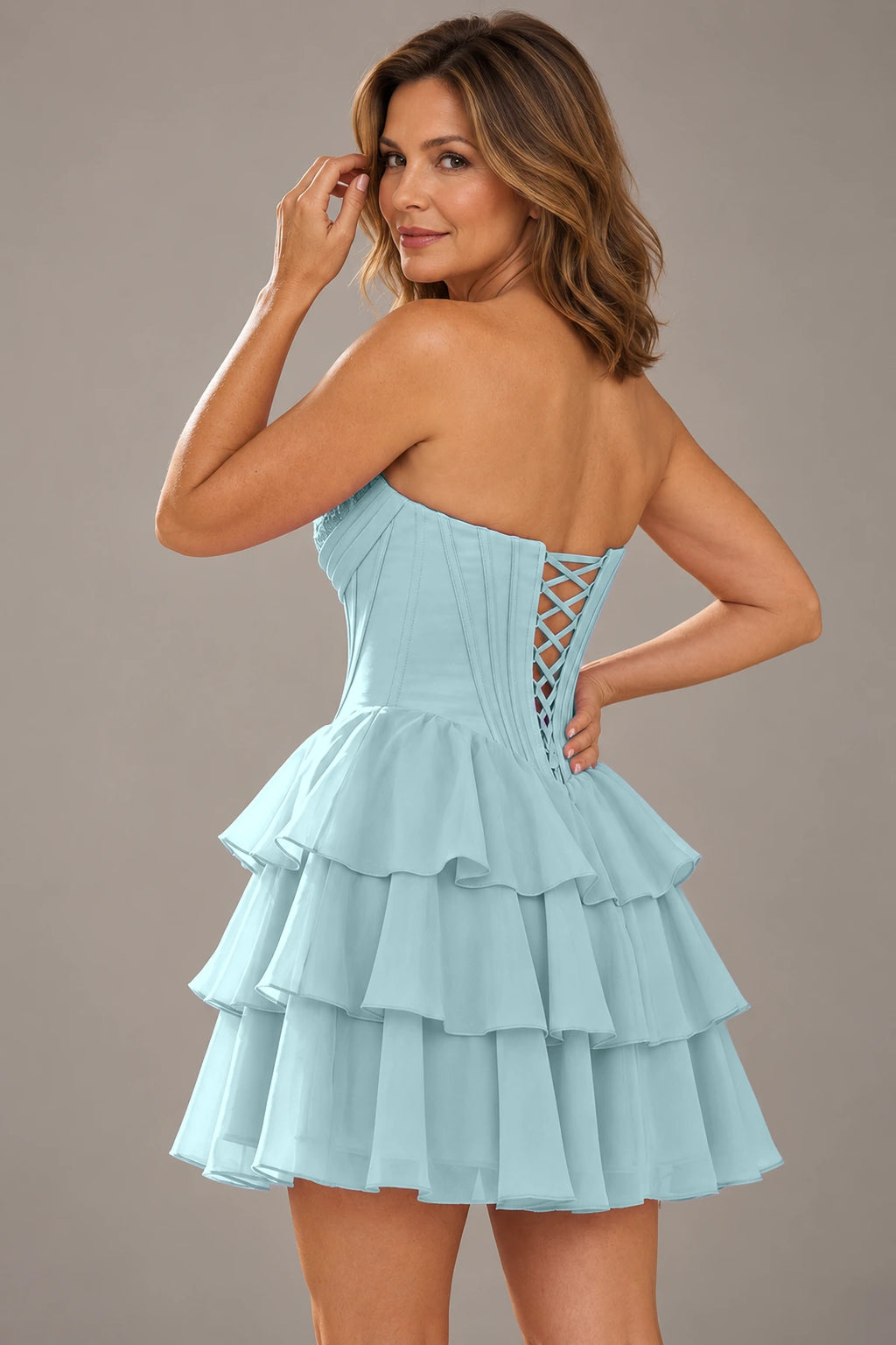 Aqua mini homecoming dress with lace-up corset back and layered ruffle skirt by Graceprom