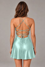 Aqua satin mini homecoming dress with crisscross straps and lace-up open back by Graceprom