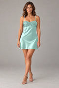 Aqua sequin sweetheart satin mini homecoming dress with spaghetti straps by Graceprom