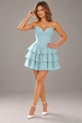 Aqua strapless sweetheart corset mini homecoming dress with tiered ruffle skirt by Graceprom