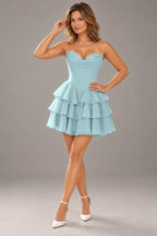 Aqua strapless sweetheart corset mini homecoming dress with tiered ruffle skirt by Graceprom