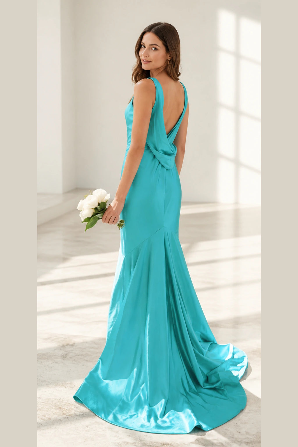 Aqua V neck sleeveless bridesmaid dress with fitted silhouette, draped cowl back and floor-length skirt, front and back view