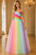 Rainbow tulle strapless sweetheart neck long ball gown prom Dress front view