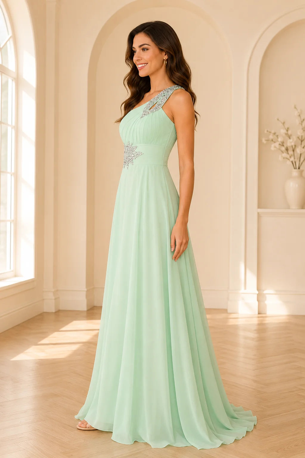 Mint Green One Shoulder Prom Dress with Rhinestone Detail A Line Evening Dress | Elegant Formal Dress for Prom Night
