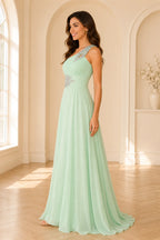 Mint Green One Shoulder Prom Dress with Rhinestone Detail A Line Evening Dress | Elegant Formal Dress for Prom Night