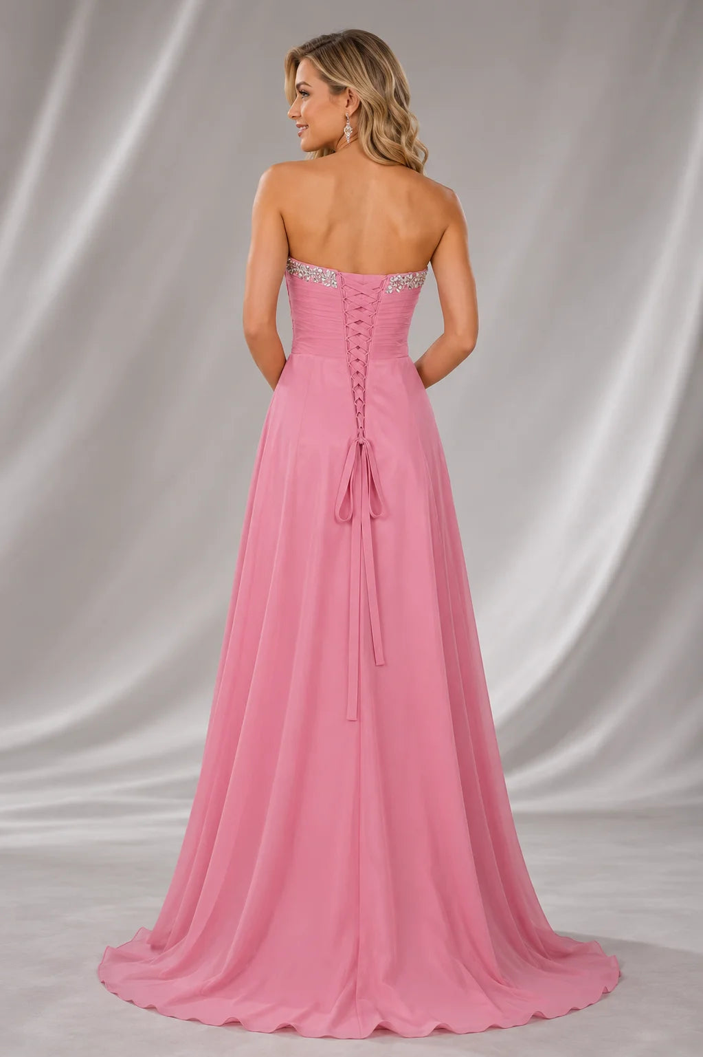 Blush pink chiffon ball gown Dress with lace up back and rhinestone detail