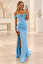 Baby blue sheath prom dress with an off shoulder rose neckline, paneled bodice, ruched waist, and high front slit.