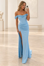 Baby blue sheath prom dress with an off shoulder rose neckline, paneled bodice, ruched waist, and high front slit.