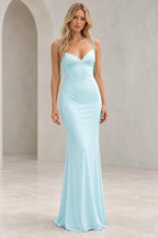 Baby blue sheath bridesmaid dress with a V neckline, gathered bust, shoulder bow ties, and a floor-length skirt, shown from the front.