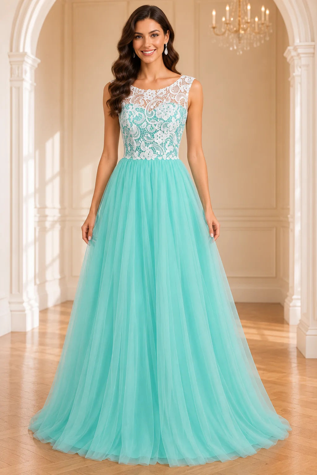 Mint green tulle lace boat neck long A line prom Dress front view