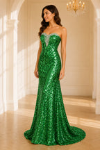 Emerald Green Sequin Sweetheart Neck Long Mermaid Prom Dress