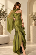 Olive green beaded chiffon mermaid evening dress with sweetheart neckline, sheer corset bodice, asymmetric cape, draped skirt and front slit by Graceprom